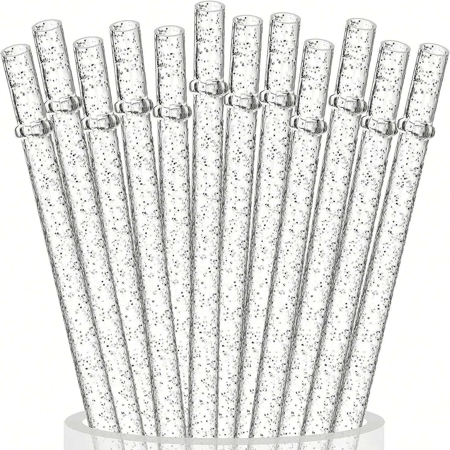 2PCS Reusable Glitter Straws with Bag No Brush displayed in a container, featuring clear glitter design for stylish drinking.