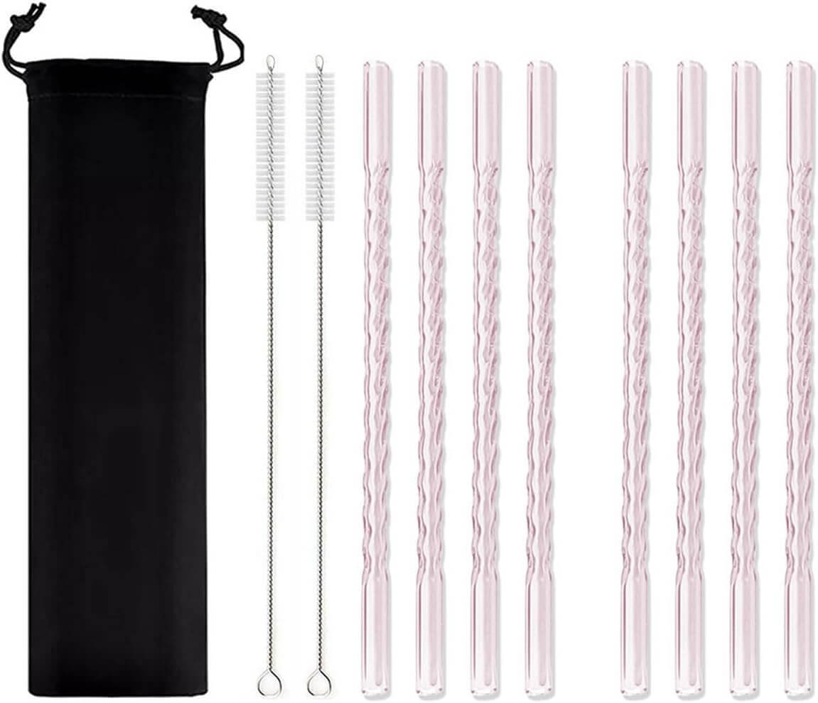 2PCS Pink Spiral Glass Straws with Carry Bag No Brush, featuring reusable straws and carry bag, ideal for eco-friendly sipping.