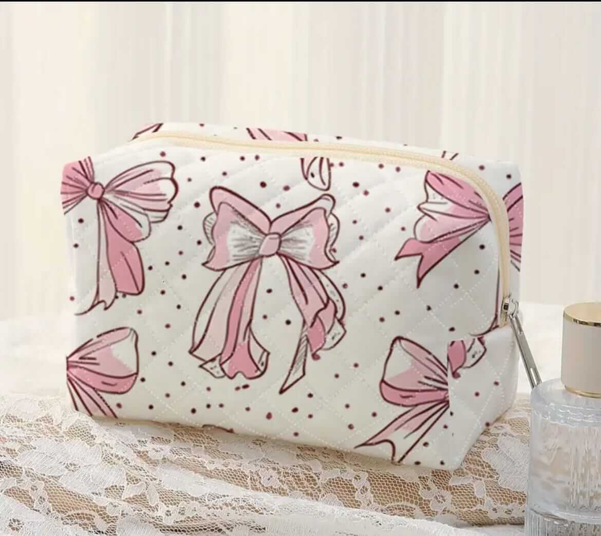 Cosmetic Bag with Pink Bow Pattern Travel Toiletry Bag featuring a lovely pink bow design and polka dots.