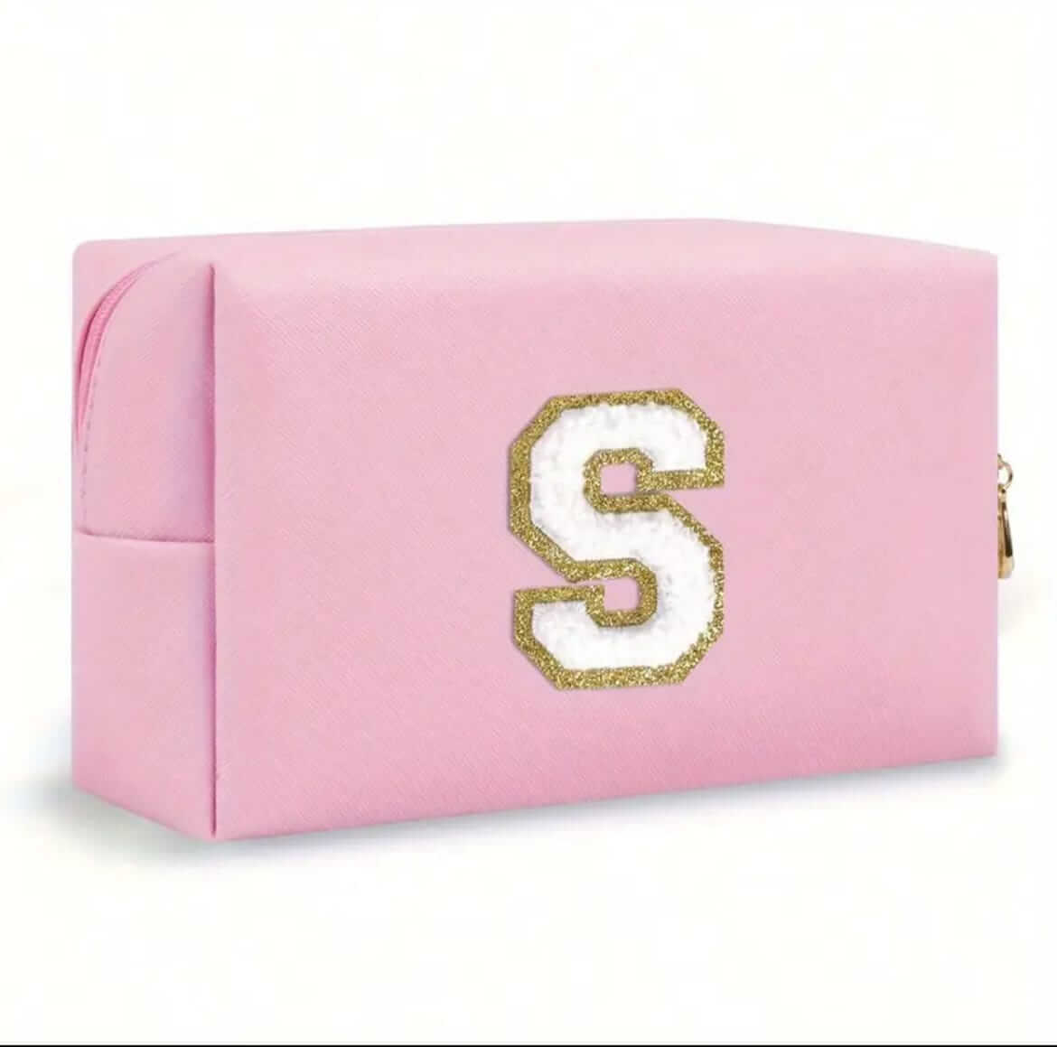 Personalized Initial Letter Travel Toiletry Case in pink with a gold and white embellished 'S' monogram.