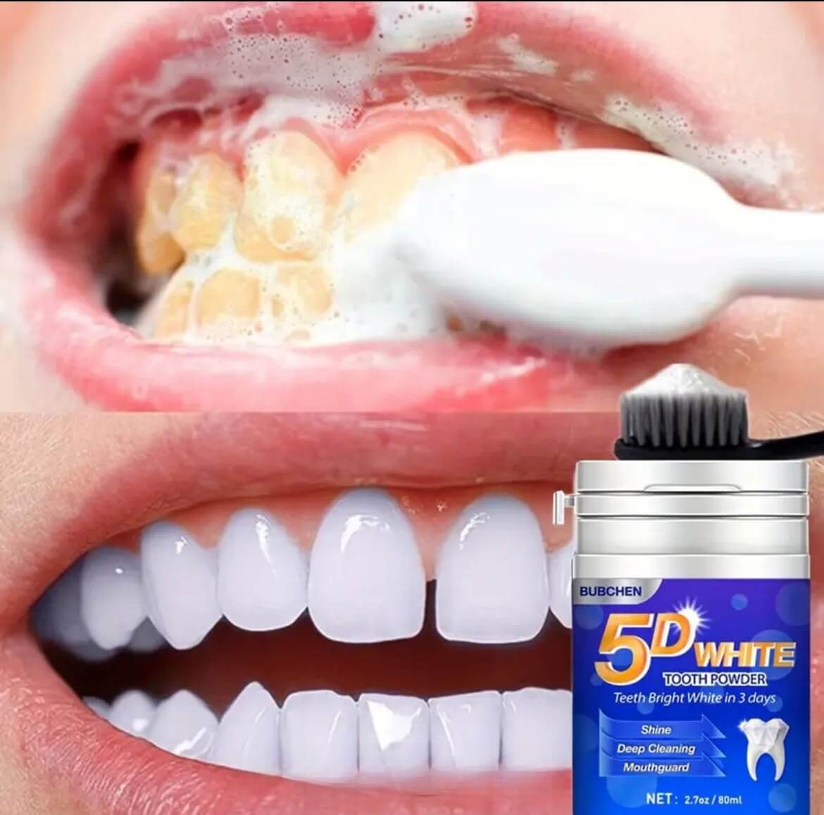Before and after using 5D White Tooth Powder, showcasing brighter teeth and improved oral hygiene.