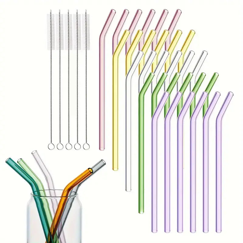 Multicolor glass straws set with bent and straight designs, accompanied by cleaning brushes.
